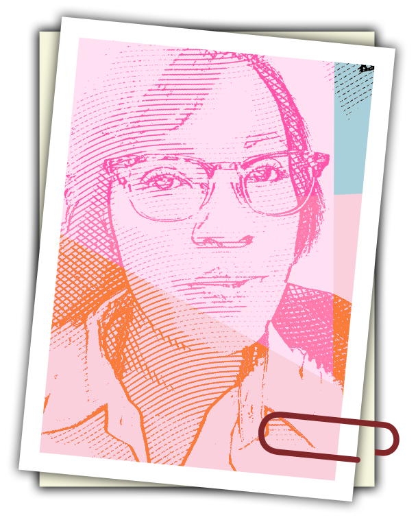graphic black and white portrait layered on paper held by paperclip
